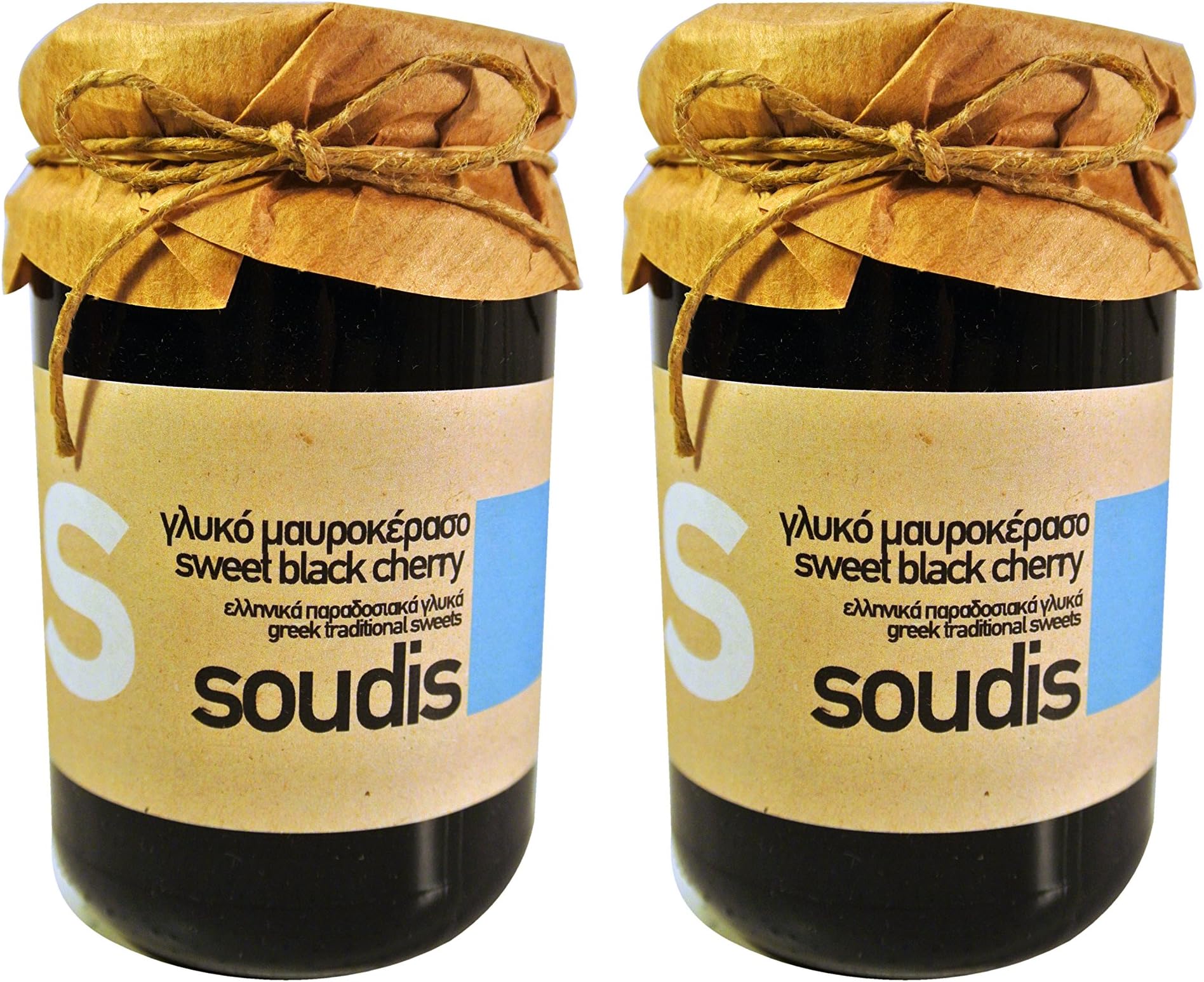 Greek Handmade Sweet Fruit Preserve in Syrup Black Cherry Net Weight 760gr ( Pack of 2 Glass Jars of 380gr Each )
