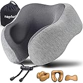 napfun Neck Pillow for Traveling, Upgraded Travel Neck Pillow for Airplane 100% Pure Memory Foam Travel Pillow for Flight Headrest Sleep, Portable Plane Accessories, Light Grey