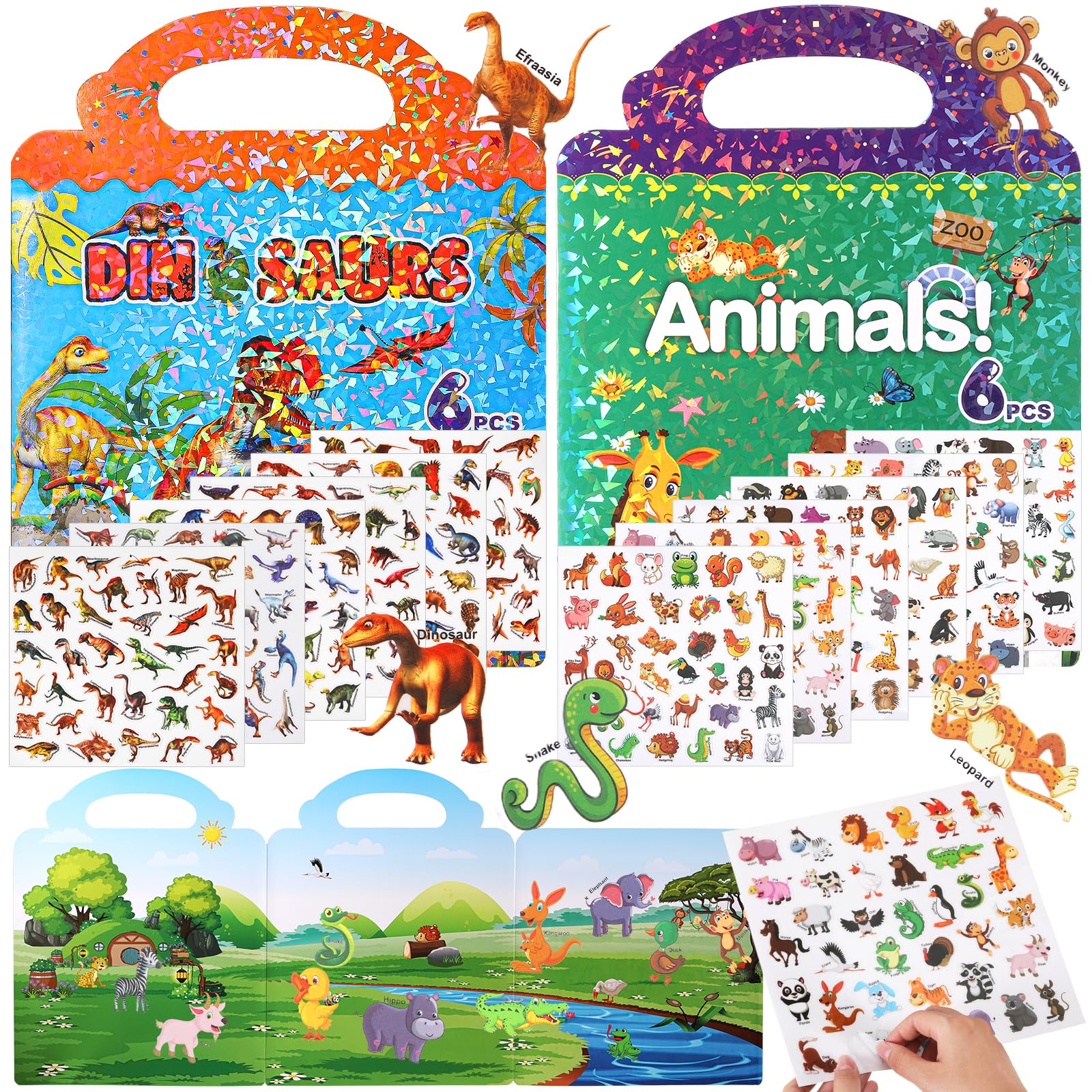 iewrtcin Dinosaur Sticker Book, Animal Sticker Book, Reusable Sticker Books for 2 3 4 5 6 Year Olds, 360+ Pcs Stickers, Kids Sticker Activity Books for 2+ Year Olds Boys and Girls Gifts