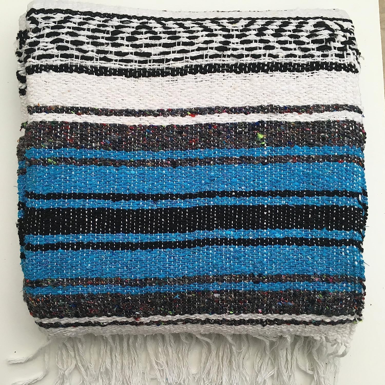 Kiuwxduy Mexican Hand Knit Blanket for Couch, Meditation, Yoga, Camping, Picnic, Festival, Blue