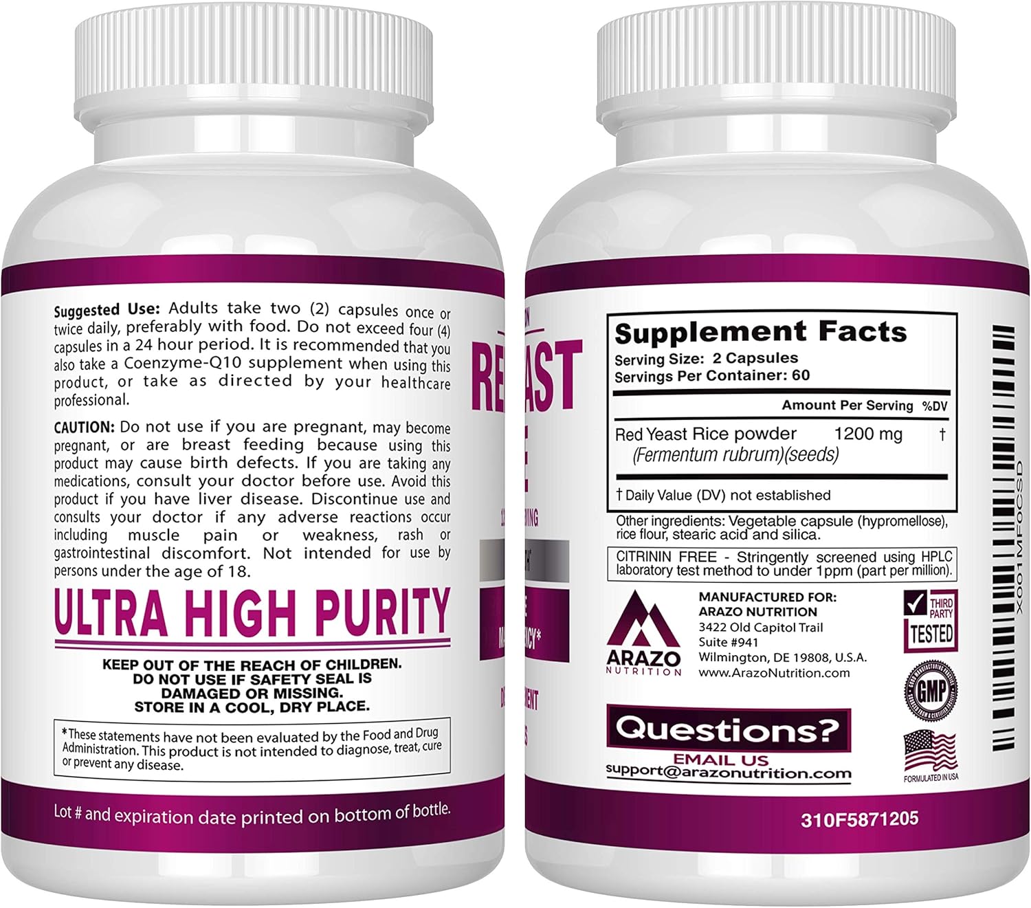 Red Yeast Rice Extract 1200 mg – Citrinin Free Supplement – Vegetarian 120 Capsules - Arazo Nutrition: Health & Personal Care