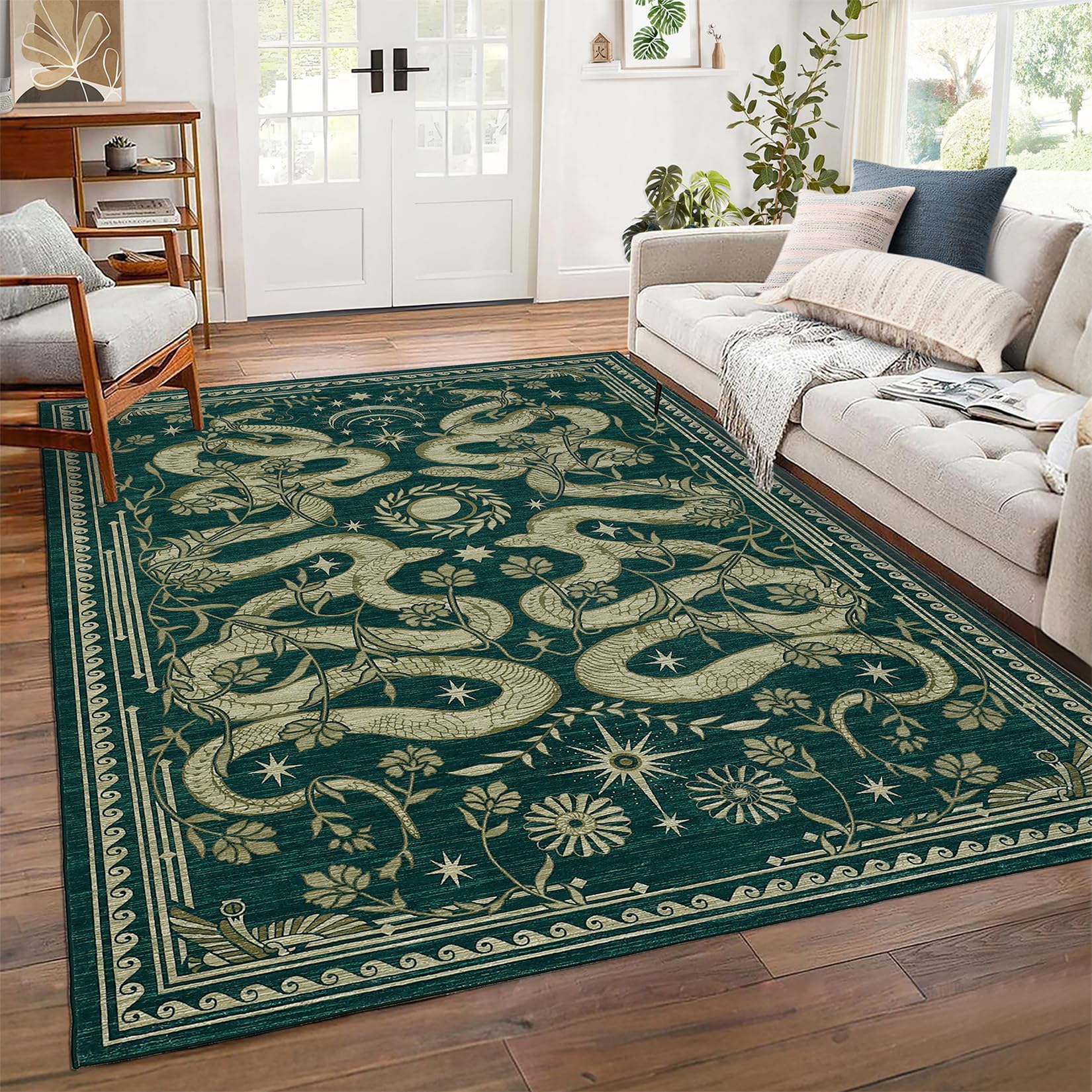 Snake Washable Rugs 5x7 Area Rug for Living Room Forest Soft Low-Pile Stain Resistant Thin Carpet for Bedroom Dining Nursery Non Slip Mat with Rubber Back Blue