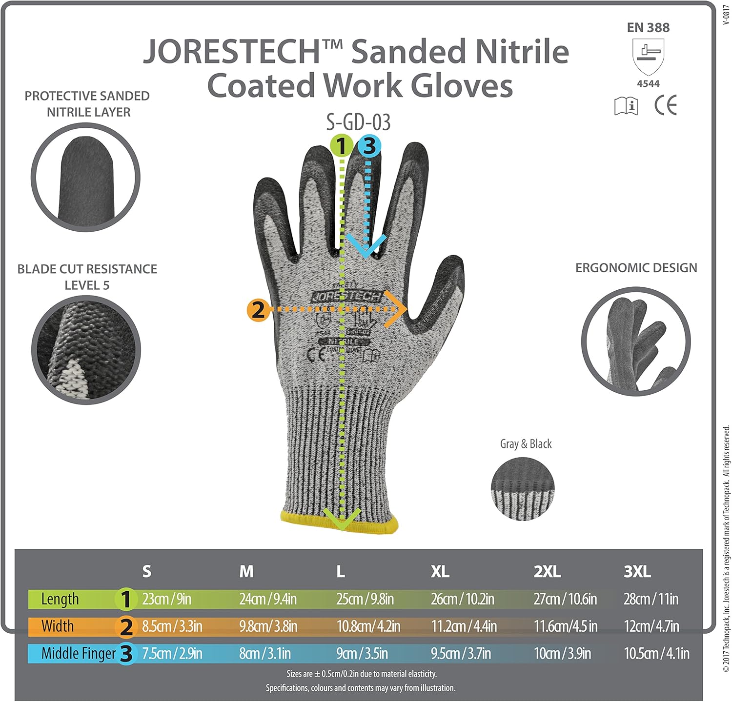 JORESTECH Safety Work Gloves Grey HPPE Knitted Fiber with Black Nitrile Sandy Finish Coating EN-388 Level 5 Pack of 12 GD-03 (Size 9-L) - - 