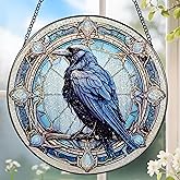 8 Inch Stained Glass Suncatcher Ornament, DOUHASU Crow Sun Catchers Indoor Window, Stained Glass Window Hanging, Home Decor, Bird Lovers Gifts for Women, Men