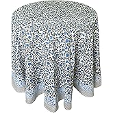 ATOSII Lake Como 100% Cotton Summer Round Tablecloth, Block Print Table Cloth for Dining, Weddings, Outdoors, Parties I Grand Millenial Farmhouse Coastal Boho Home Decor I 72" Inches 4 Seater