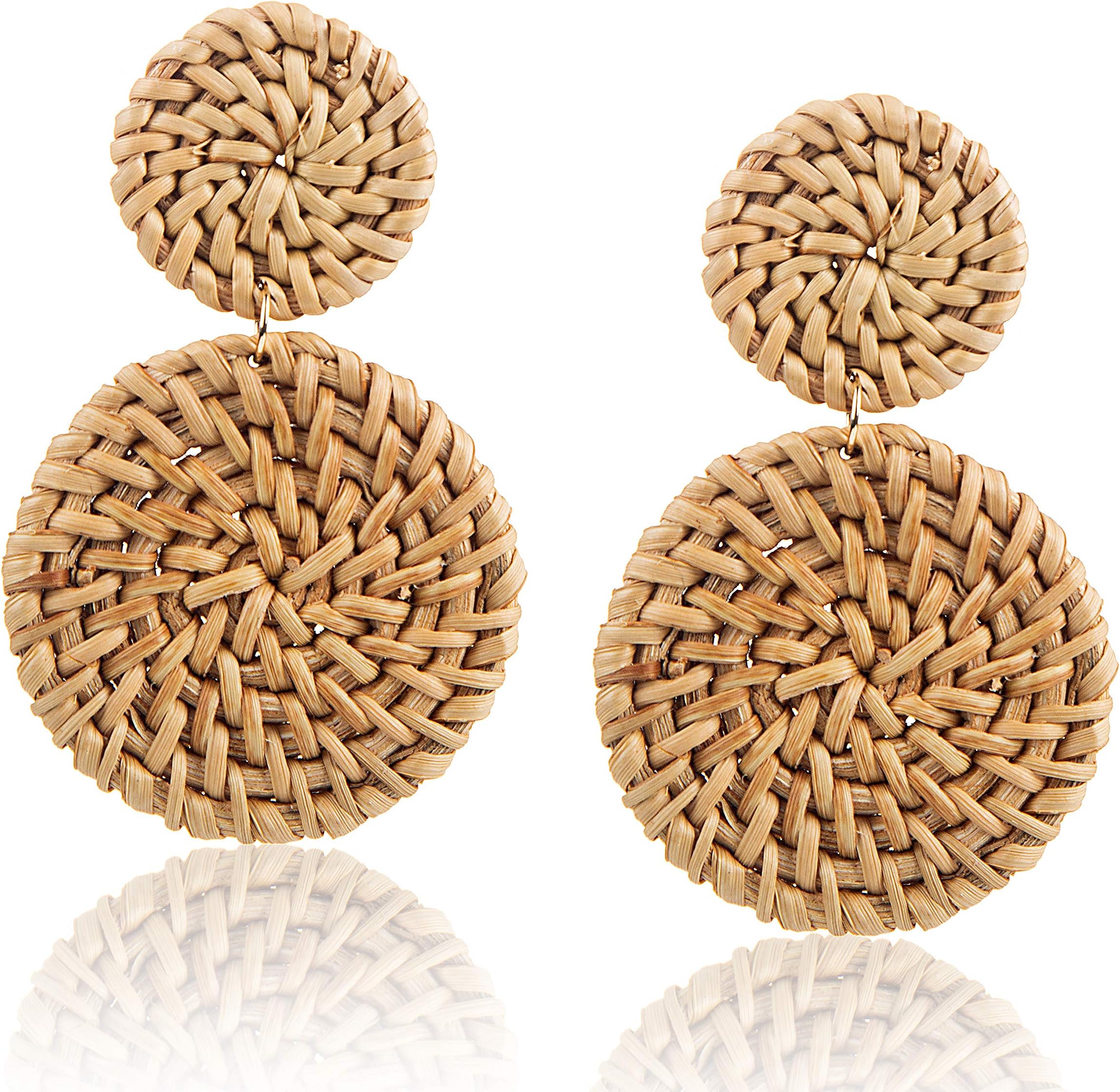 Rattan Earrings Handmade Straw Wicker Braid Drop Dangle Big Earrings Bohemian Lightweight Earrings for Women