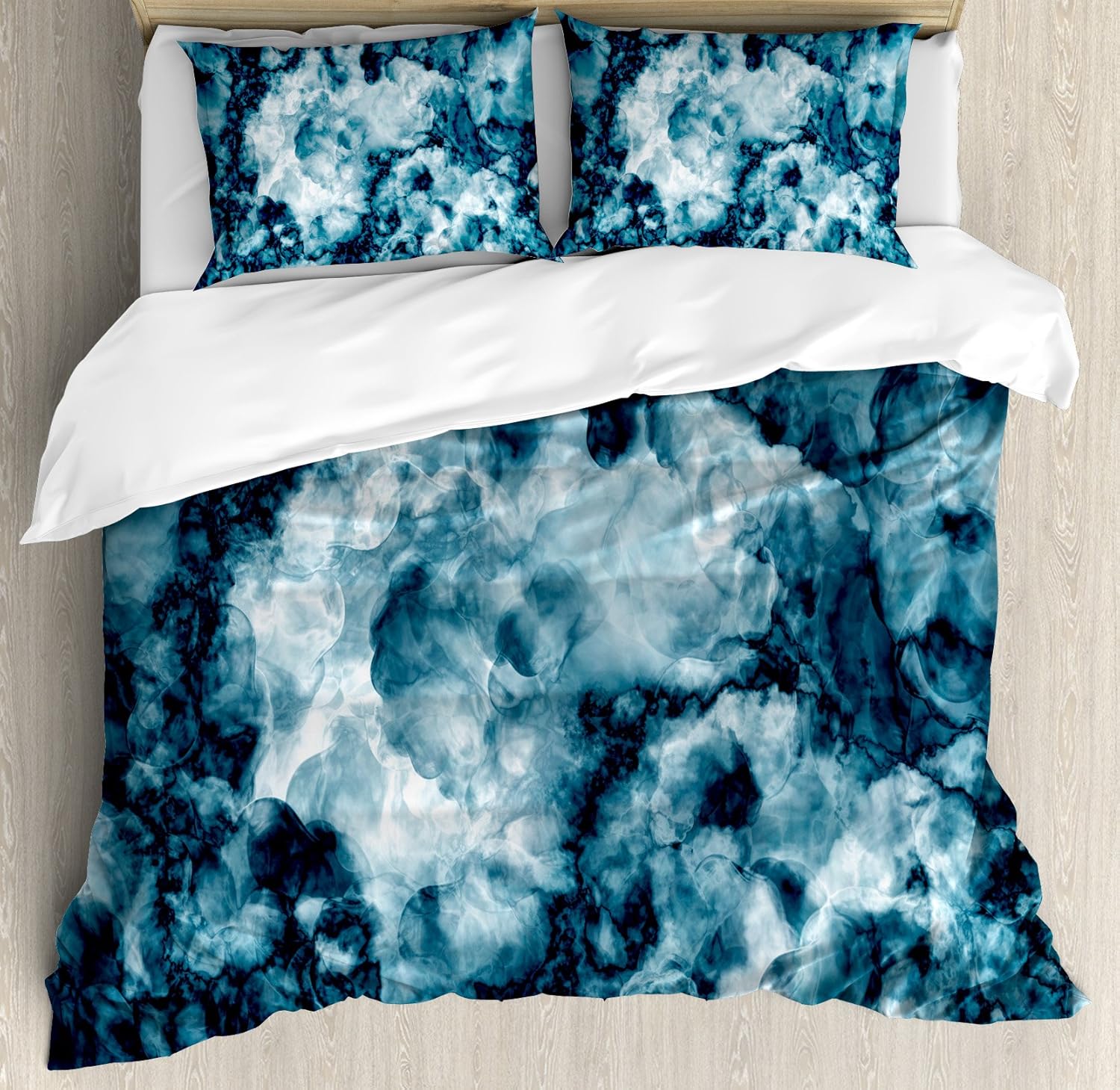 Ambesonne Marble Duvet Cover Set, Antique Marble Stone with Blurry Distressed Motley Fractal Effects Illustration Artwork, Decorative 3 Piece Bedding Set with 2 Pillow Shams, Queen Size, Blue Navy