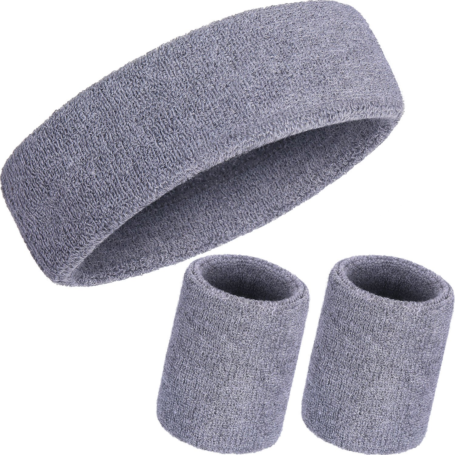 WILLBOND 3 Pieces Sweatbands Set, Includes Sports Headband and Wrist Sweatbands Cotton Striped Sweat Band for Athletic Men and Women (Grey)