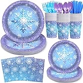 175Pcs Snowflake Paper Plates and Napkins Set - Blue Purple Christmas Themed Paper Plates, Cups, Napkins Cutlery for Winter Wonderland Holiday Decorations Birthday Wedding Party Supplies for 25 Guests