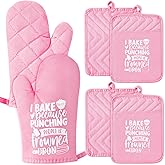 GROBRO7 6Pcs Cotton Oven Mitts Pot Holders Funny Women Resistant Hot Pads Machine Washable Microwave Gloves with Hanging Loop Pocket Potholder for Kitchen Baking Cooking GrillingPink