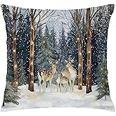 Nipil Christmas Reindeer Forest Pillow Covers 18x18, Christmas Winter Decor, Rustic Xmas Deer Holiday Decorative Throw Pillow Cover for Home Living Room Bedroom Decor