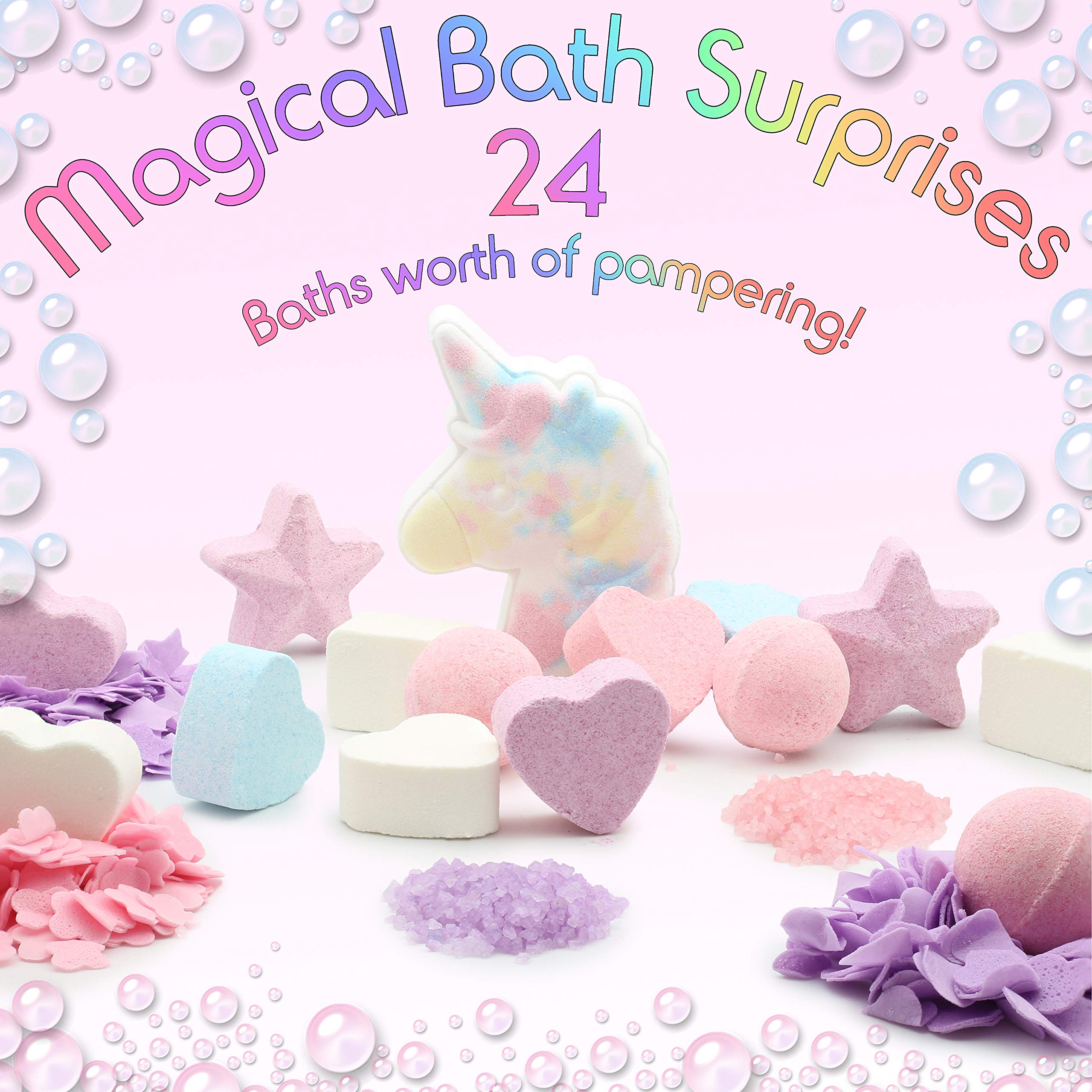 KreativeKraft Unicorn Bath Bomb Surprises Gift Set includes 24 Scented Cosmetics Bath Bombs Confetti and Salts | Fragrance Pamper Present Idea For Girls | Kids Bathbomb Set With Ball Heart Cube