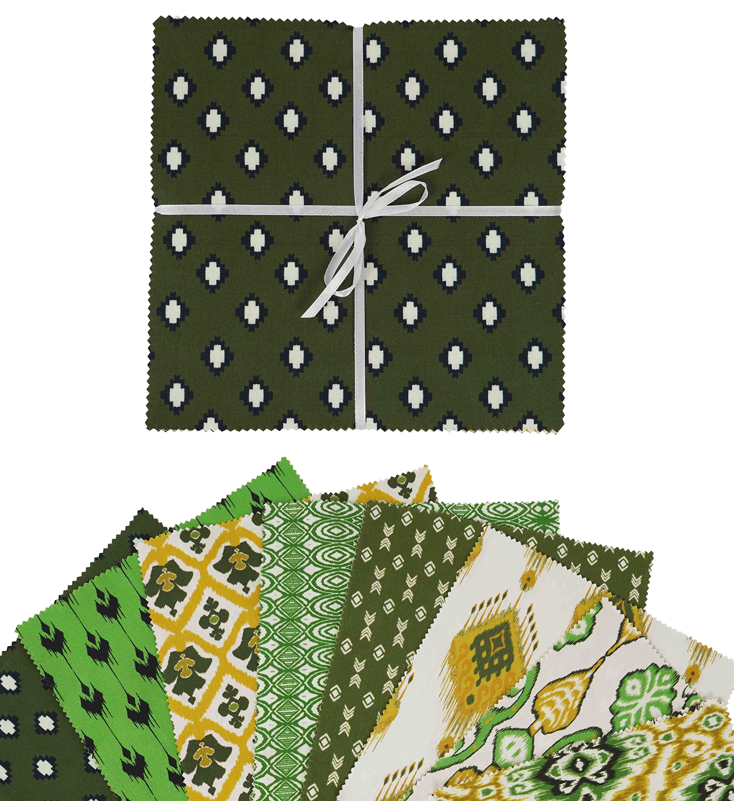 Soimoi Precut 10-inch Ikat Prints Cotton Fabric Bundle Quilting Squares Charm Pack DIY Patchwork Sewing Craft- Green, White & Mustard