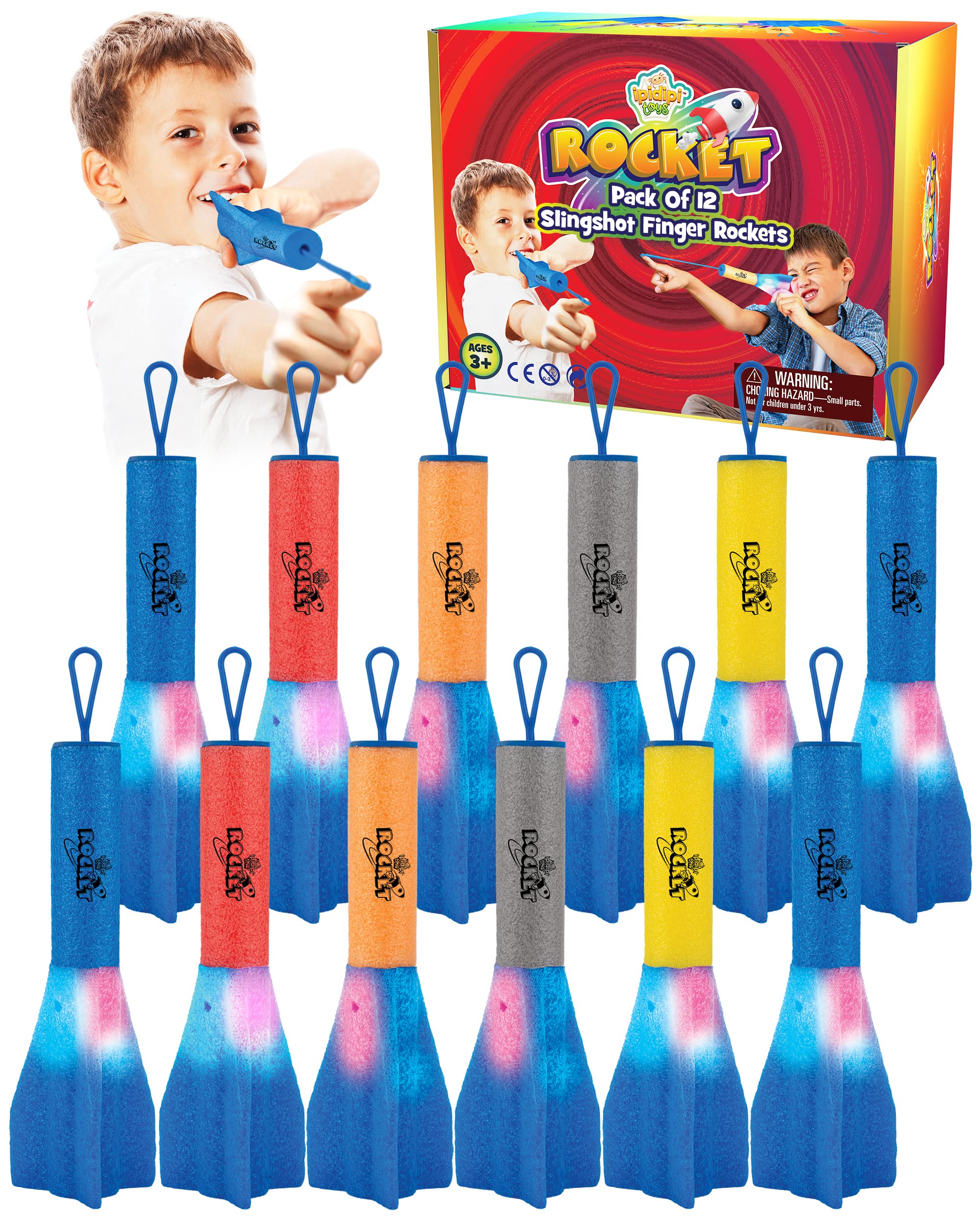 IPIDIPI TOYS Finger Rockets – Foam Rocket Launcher for Kids, Party Favors, High-Flying Air Rockets, Fun Gifts for Boys & Girls, Classroom Prizes – Assorted Colors, Pack of 12