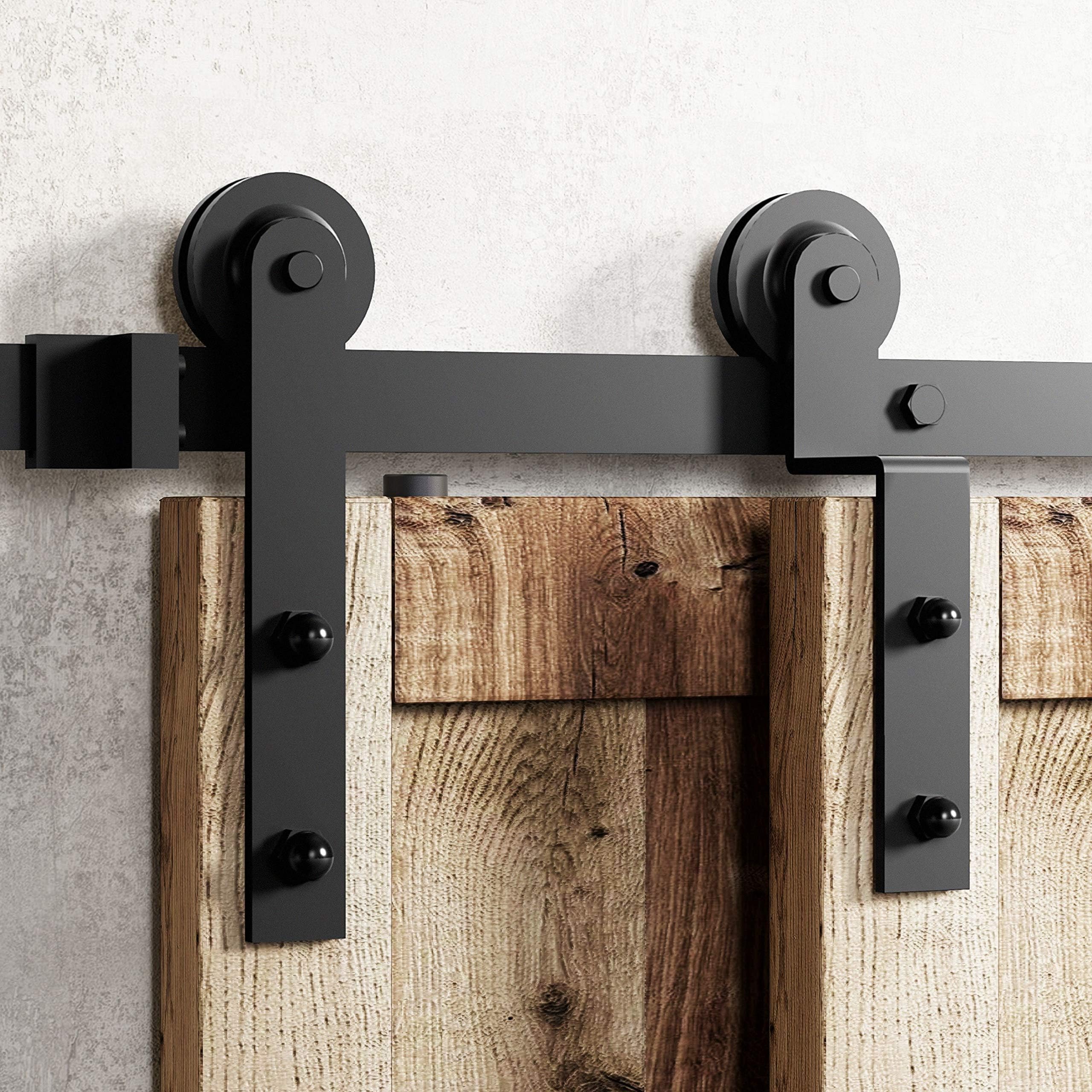 Homacer Black Rustic Single Track Bypass Sliding Barn Door Hardware Kit, for Two/Double Doors, 10ft Long Flat Track, Straight Design Roller