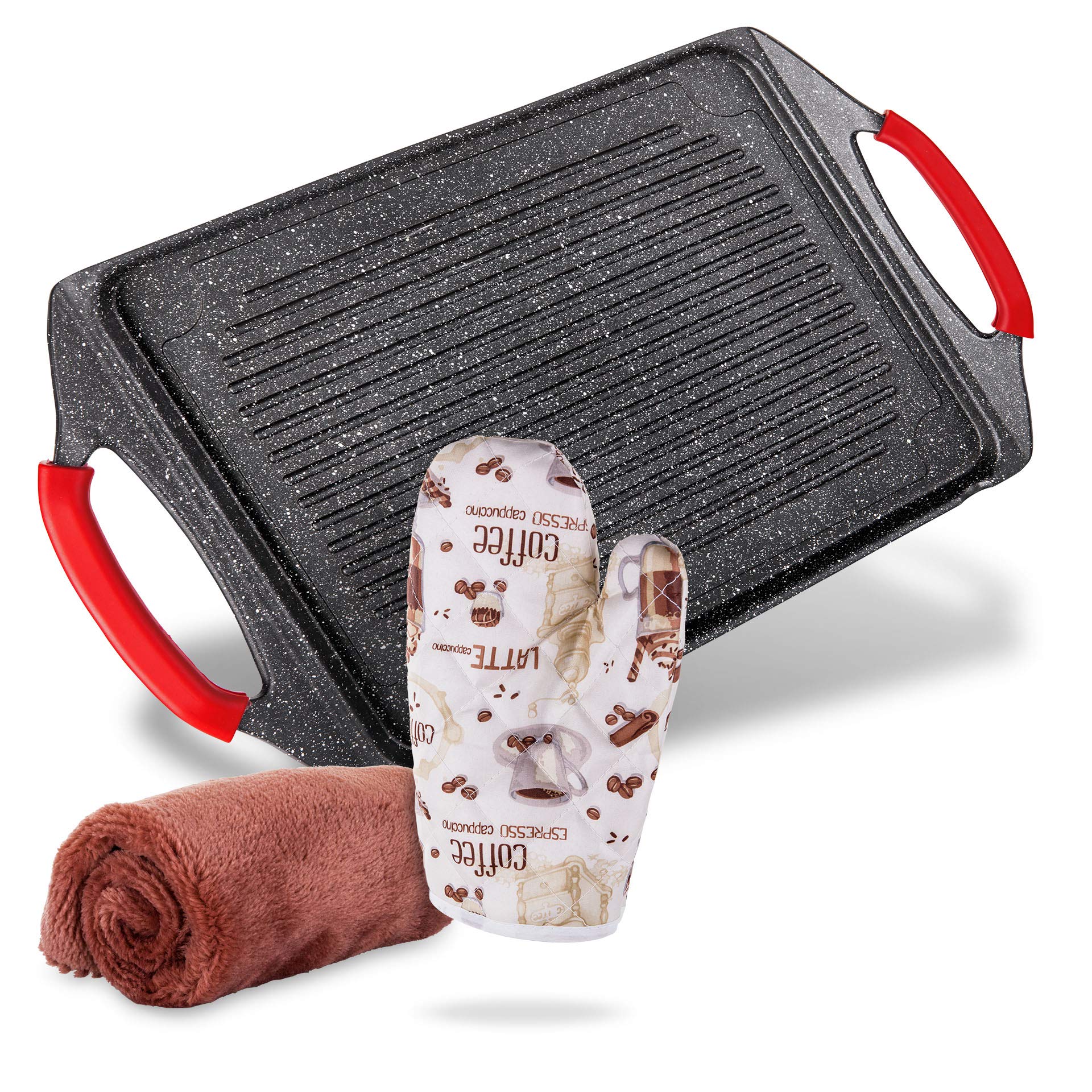 Moss & Stone Aluminum BBQ Griddle, 18x10.5" Rectangle Grill Pan for Indoor Cooking, Non-stick Flat Top Grill for Fish, Vegetables & Steak