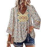 Unixseque Summer Boho Womens Tops Floral Print Dressy Casual V-Neck Tie Front Trendy Fall 3/4 Sleeve Blouses