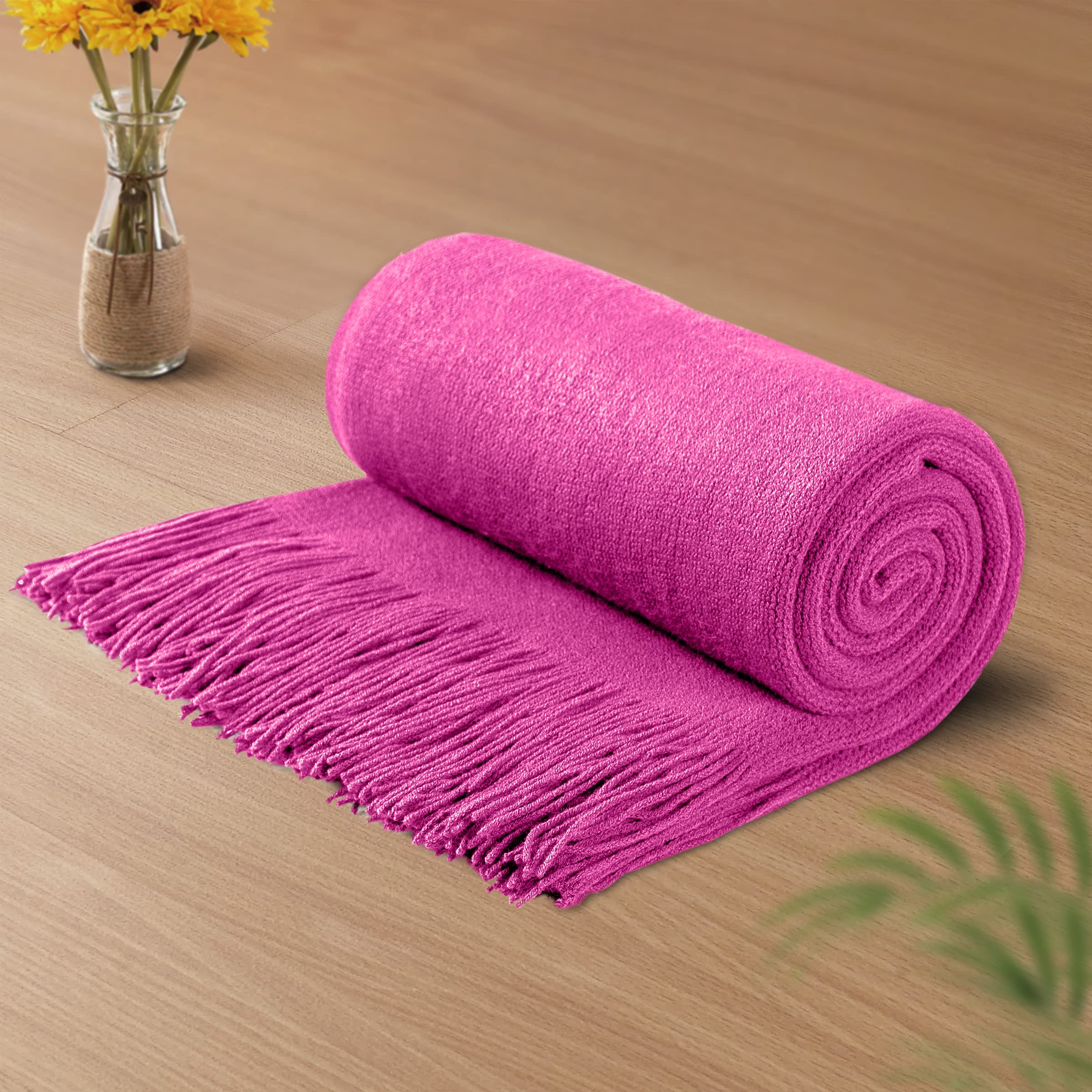 Photo 1 of Vonty Hot Pink Knitted Blanket with Tassels Fringe 60" x 80", Super Soft Knit Throw Blanket, Farmhouse Decorative Lightweight Blanket for Couch, Sofa, Bed
