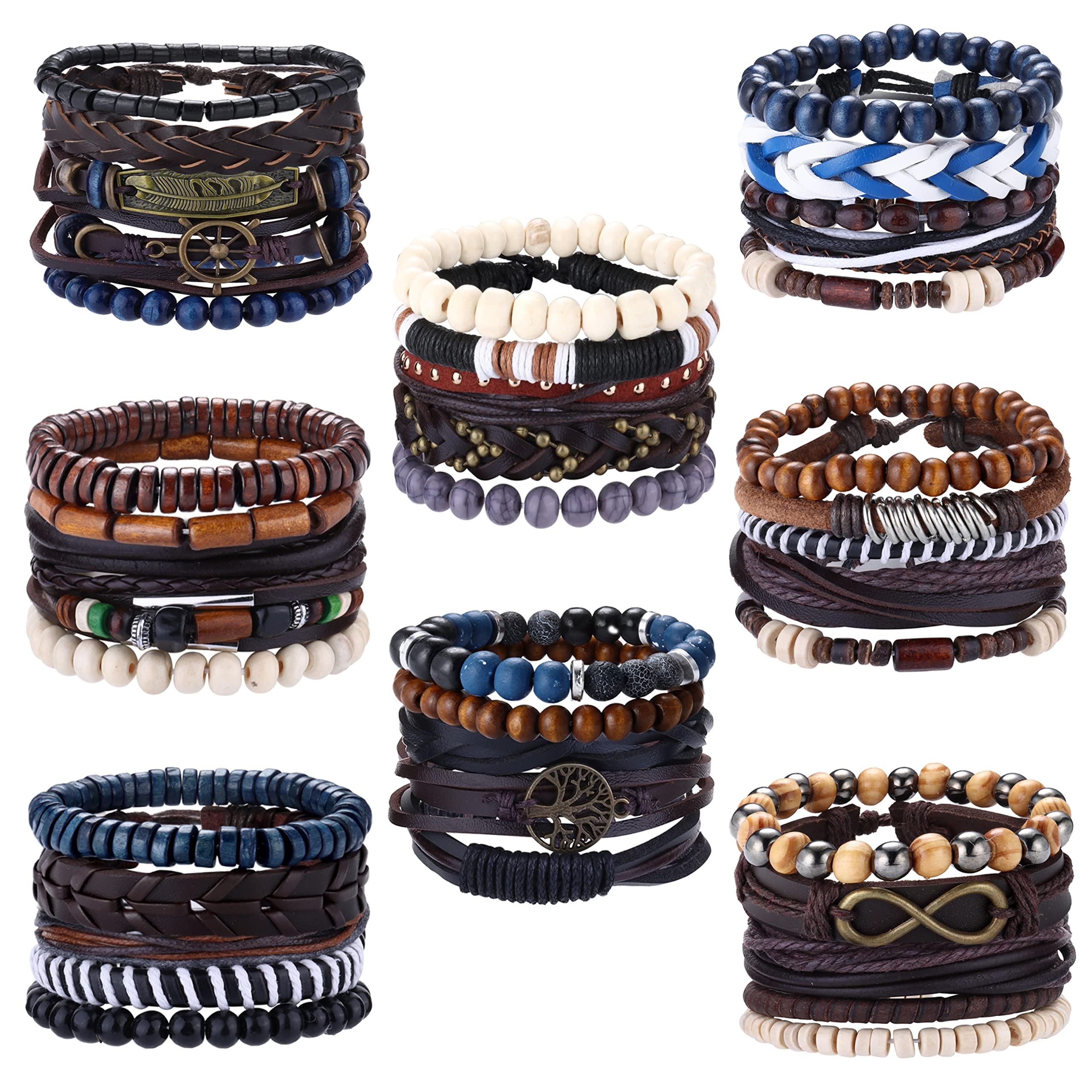 KALVICA 40 Pcs Braided Leather Bracelet for Men, with Hemp Cords Wood Beads, Cuff Bracelets Adjustable, Punk Braided Rope Bracelet, Vintage Bracelets