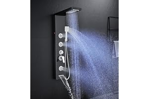 TSIBOMU Multi-Function LED Lights Shower Panel System Black, 5 in 1 Shower Panel Include Rainfall & Waterfall Shower Head, 3 Pcs Adjustable Massage Jets, Handheld Shower, Tub Spout
