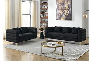 JEEOHEY 2 Pieces Cloud Sofa Set,Teddy Bouclé 3 Seater Couch and Loveseat Sets,Upholstered Modern Sofa with Gold Legs & Pillows, Comfy Deep Seat Couch for Living Room, Bedroom, Office, Apartment(Black)