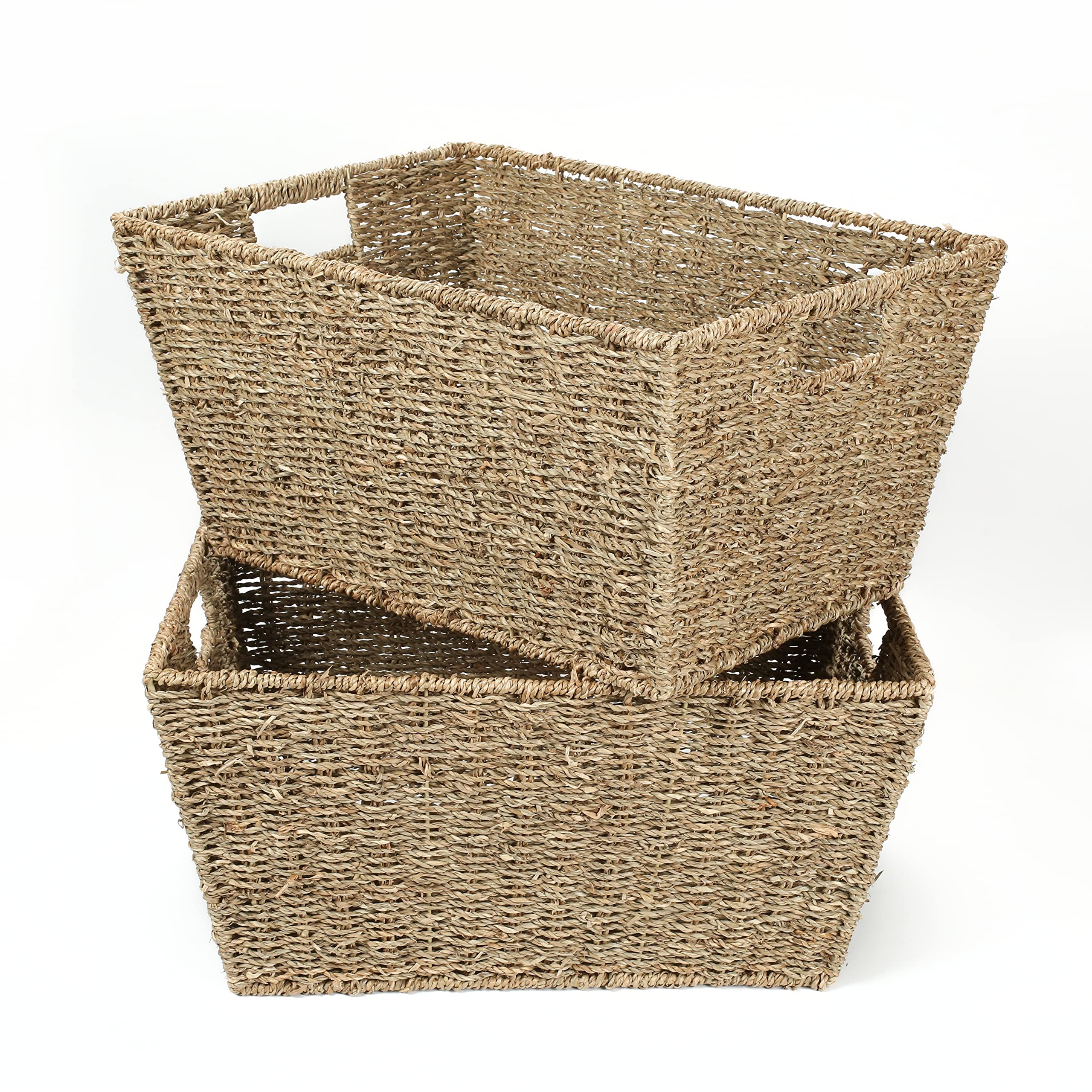 Woodluv Seagrass Storage Basket, Set of 2 Floor Basket/Hamper Basket, Bathroom Storage Baskets for Shelves - Natural Wicker Seagrass Baskets for Storage w/Handles for Bedroom Home