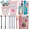 Kawaii Cute Stationary Set Pop Up Pencil Case,8 x Cat Pens,10-in-1 Multi Color Pen,2 x Stickers Cat Sticky Notes Page Markers and Fun Erasers Pack - Cat Stationary Set Cute Stationary Gift Set