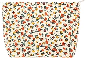 Makeup Bag Large Zipper Make Up Pouch for Purse Travel Canvas Cosmetic Organizer for Women Brush Storage,Floral White