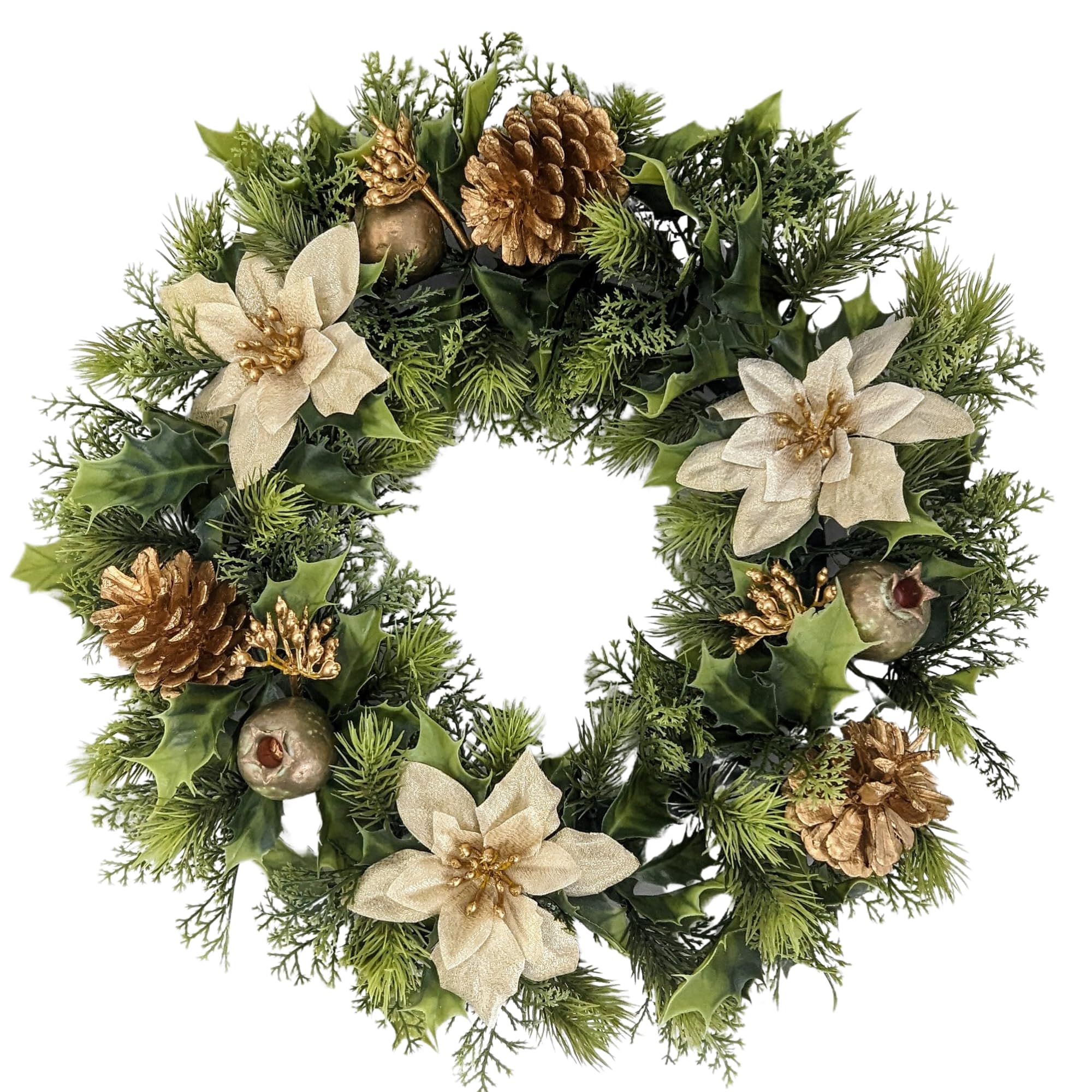 Poinsettia Christmas Wreath, 10" & 16" | Artificial Wreath for Front Door, Wall, or Holiday Decor (Gold Poinsettia, 16" (41cm))