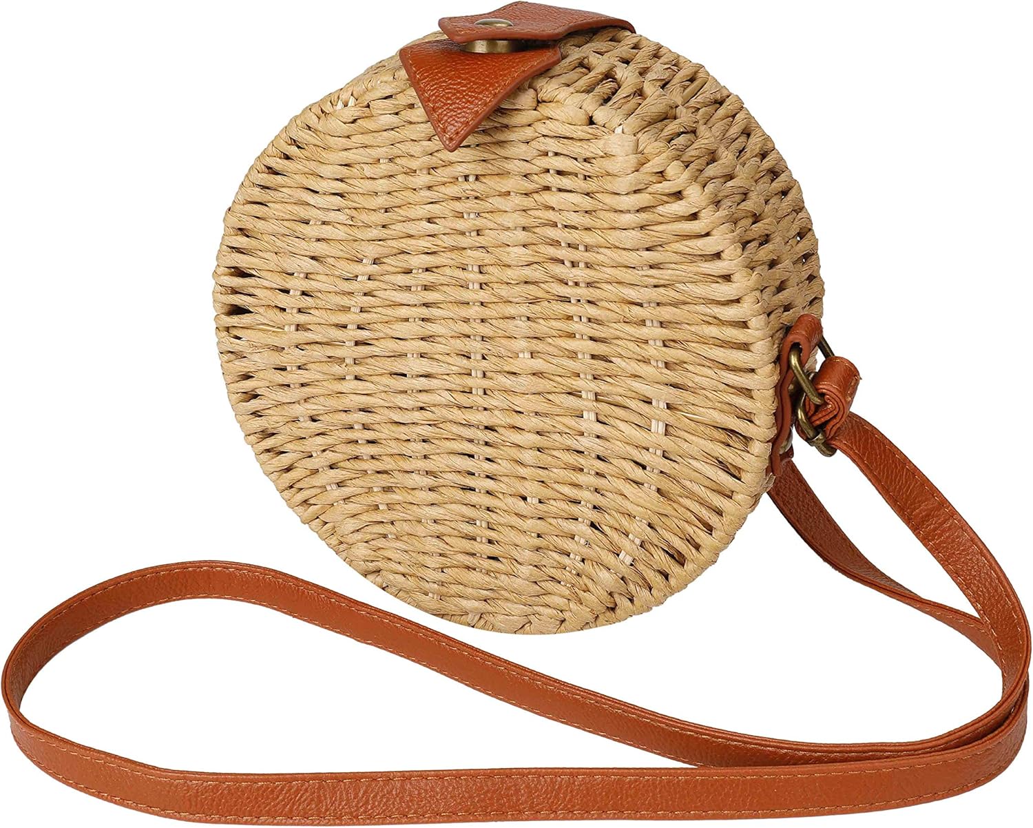 Borsa Tonda In Paglia Intrecciata - Tracolla In Pelle, Chiusura A Zip, Stile Boh&eacute;mien Per Spiaggia E Viaggi