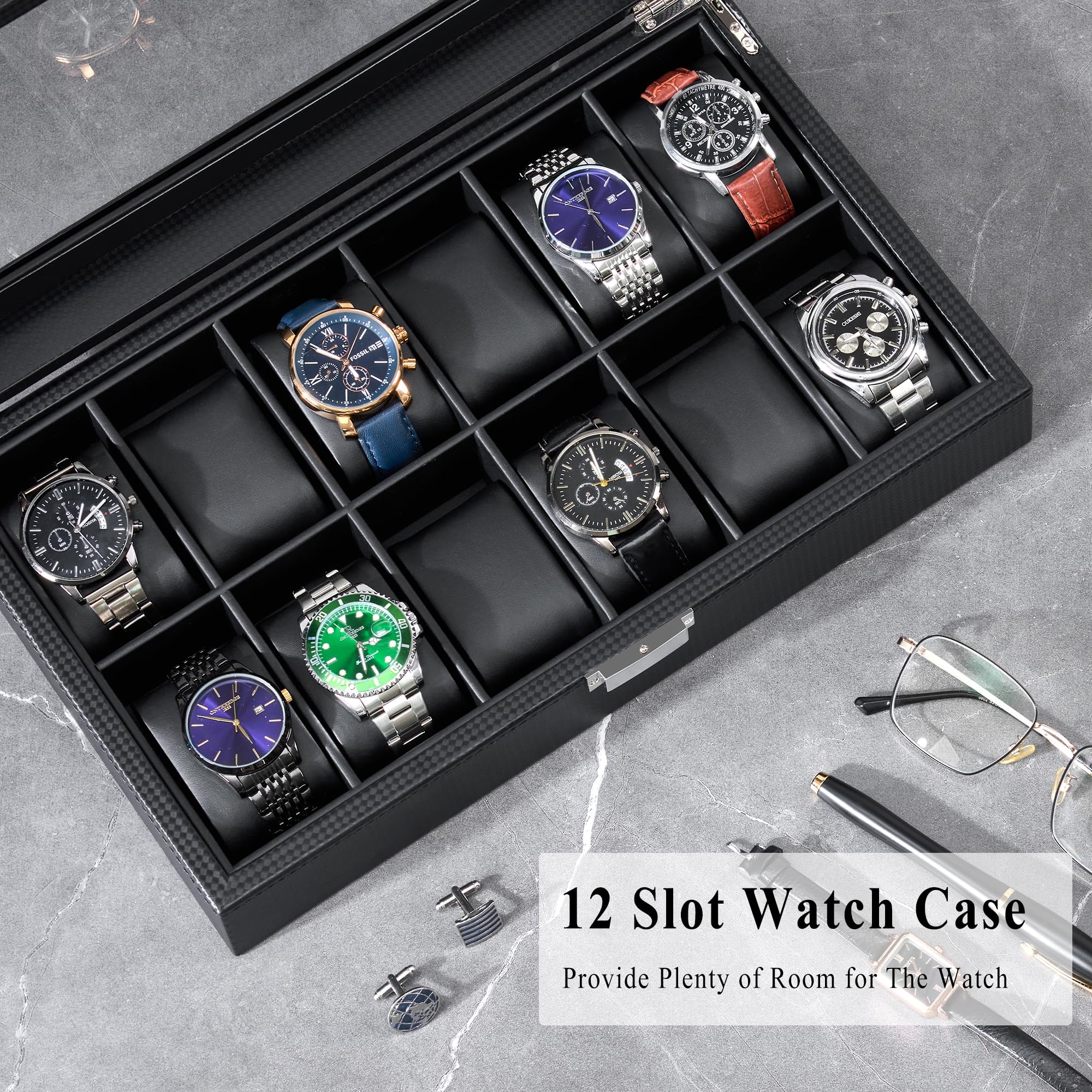 BEWISHOME Watch Case, 12-Slot Watch Box with Large Glass Lid, Watch Case for Men Watch Box Organizer, Mens Jewelry Box Removable Watch Pillows, Black Synthetic Leather, SSH08C