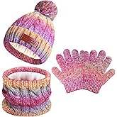 Borwada Toddler Kids Winter Hat Gloves Scarf Set for 3-8 Years, Warm Knit Boys Girls Hats Fleece Pompoms Beanies Neck Warmer