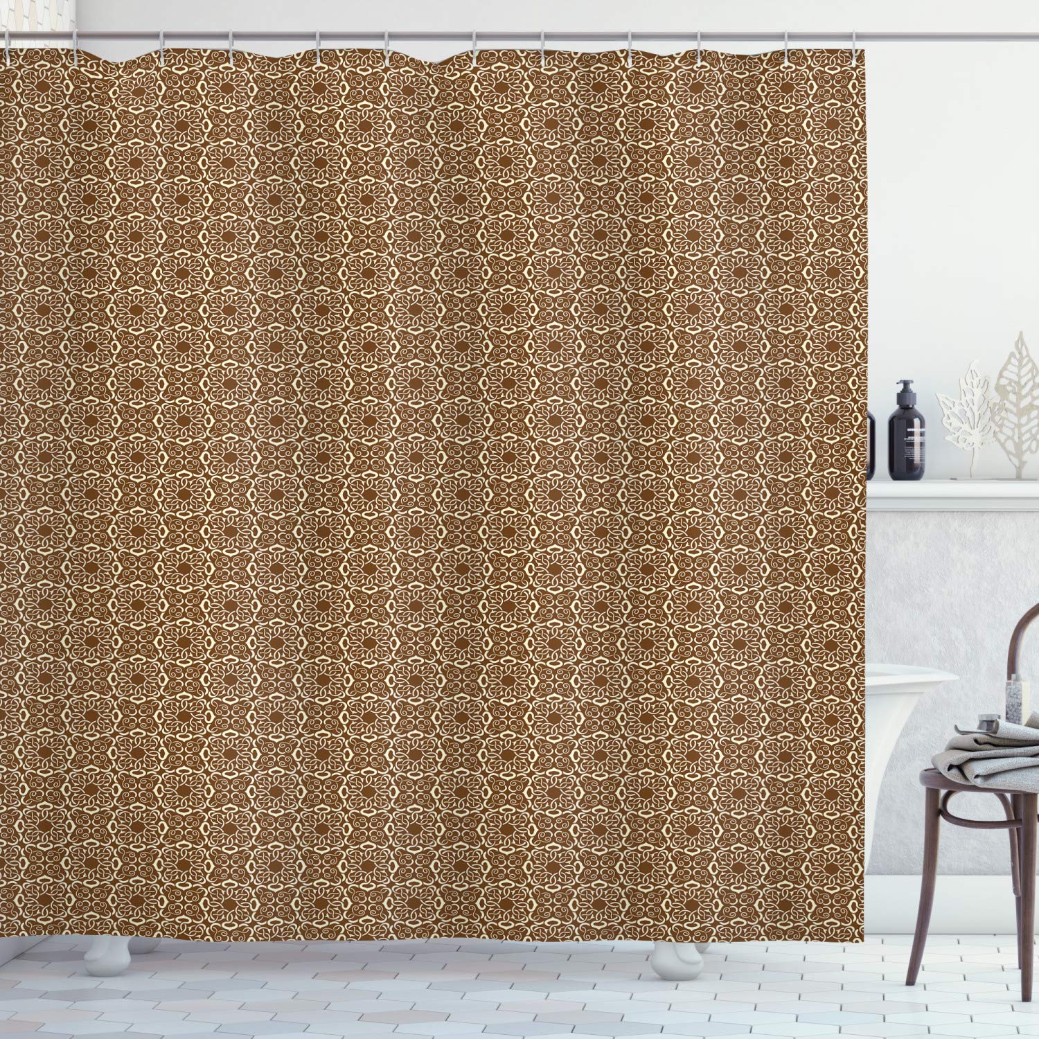 ABAKUHAUS Victorian Shower Curtain, Ornamental Swirls and Curves Vintage Inspirations Medieval Baroque Pattern, Cloth Fabric Bathroom Decor Set with Hooks, 78" Inches, Light Yellow Brown