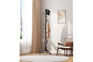 KSKSPE Wooden Coat Rack,Coat Rack Stand with 4 Height Options,8 Hooks,Sturdy Freestanding Coat Rack for Clothes,Bags,Hats,Tree Coat Rack for Home,Office,Entryway(Black)