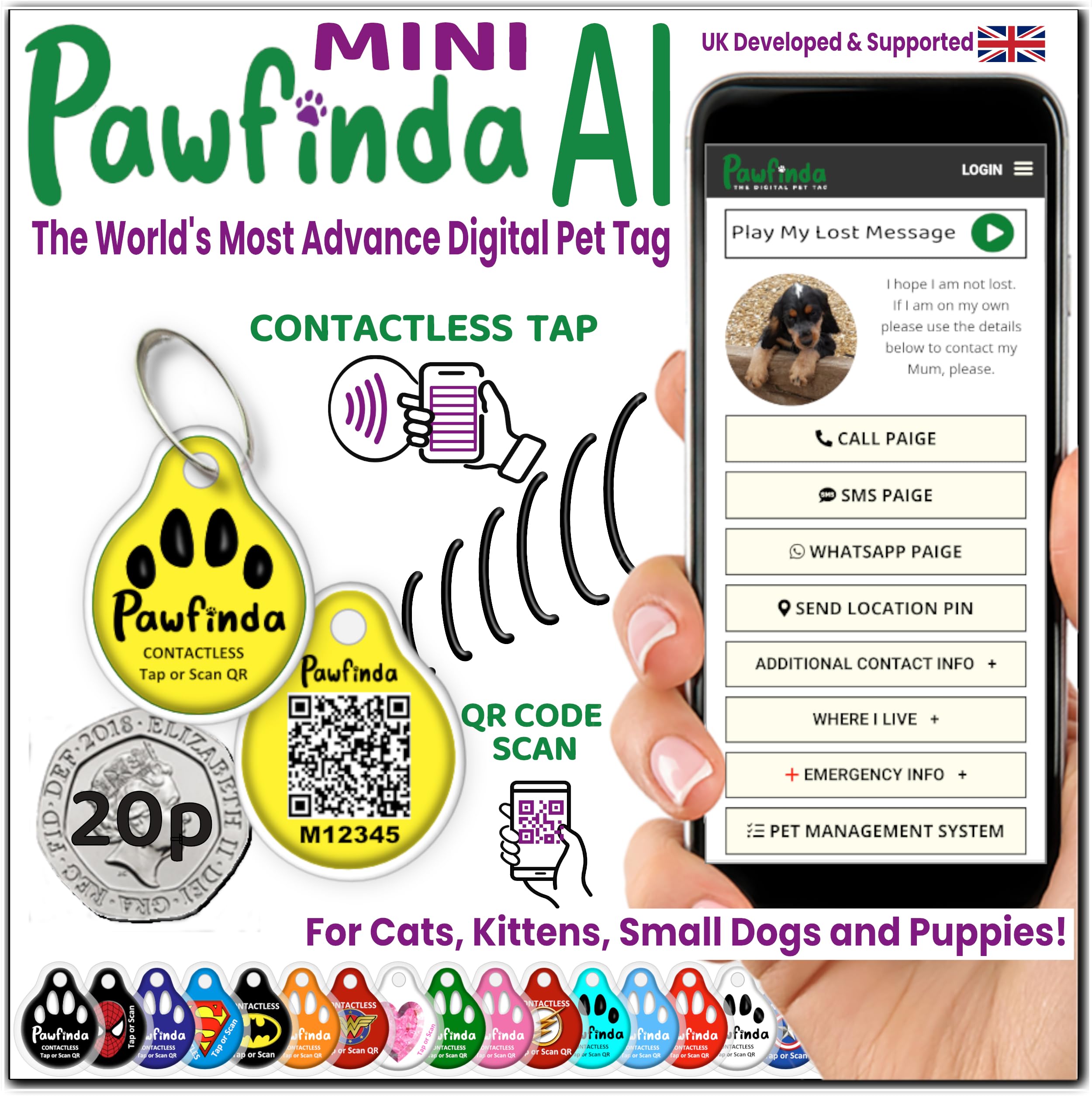 PAWFINDA – Next Generation AI Digital Personalised Cat Dog Pet Engraved ID Tag with CONTACTLESS NFC and QR Code Technology Now with PawVoice AI. UK Developed, Designed, and Supported. (Yellow Mini)
