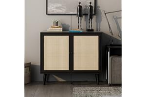 QHITTY Rattan Sideboard Buffet Cabinet, Accent Kitchen Storage Cabinet Console Table with Adjustable Shelves for Living Room, Dining Room, Bedroom (Black)