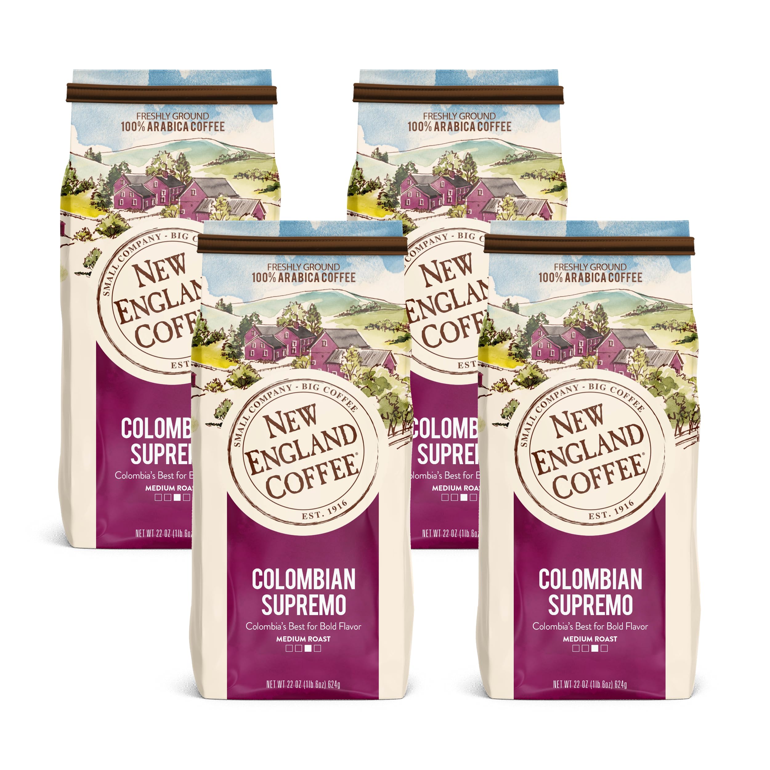 New England Coffee Colombian Supremo Medium Roast Ground Coffee, 22oz Bag (Pack of 4) Image New England Coffee Colombian Supremo Medium Roast Ground Coffee, 22oz Bag (Pack of 4) Image