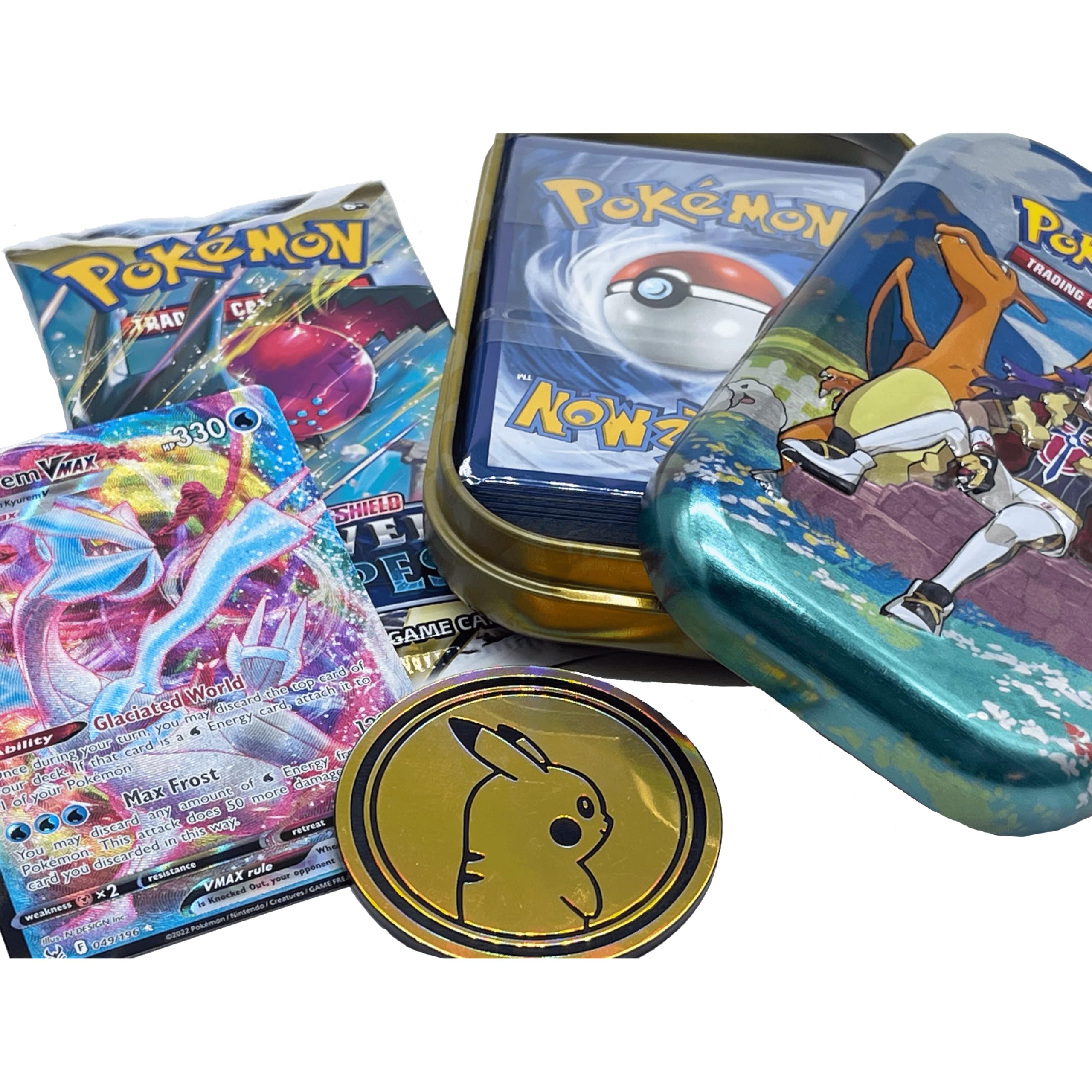 The Toy Box - Pokemon Mini Tin Bundle - 50 Assorted Pokemon Cards, x1 Sealed Booster Pack, x1 Rare Ultra Shiny Card & Game Coin