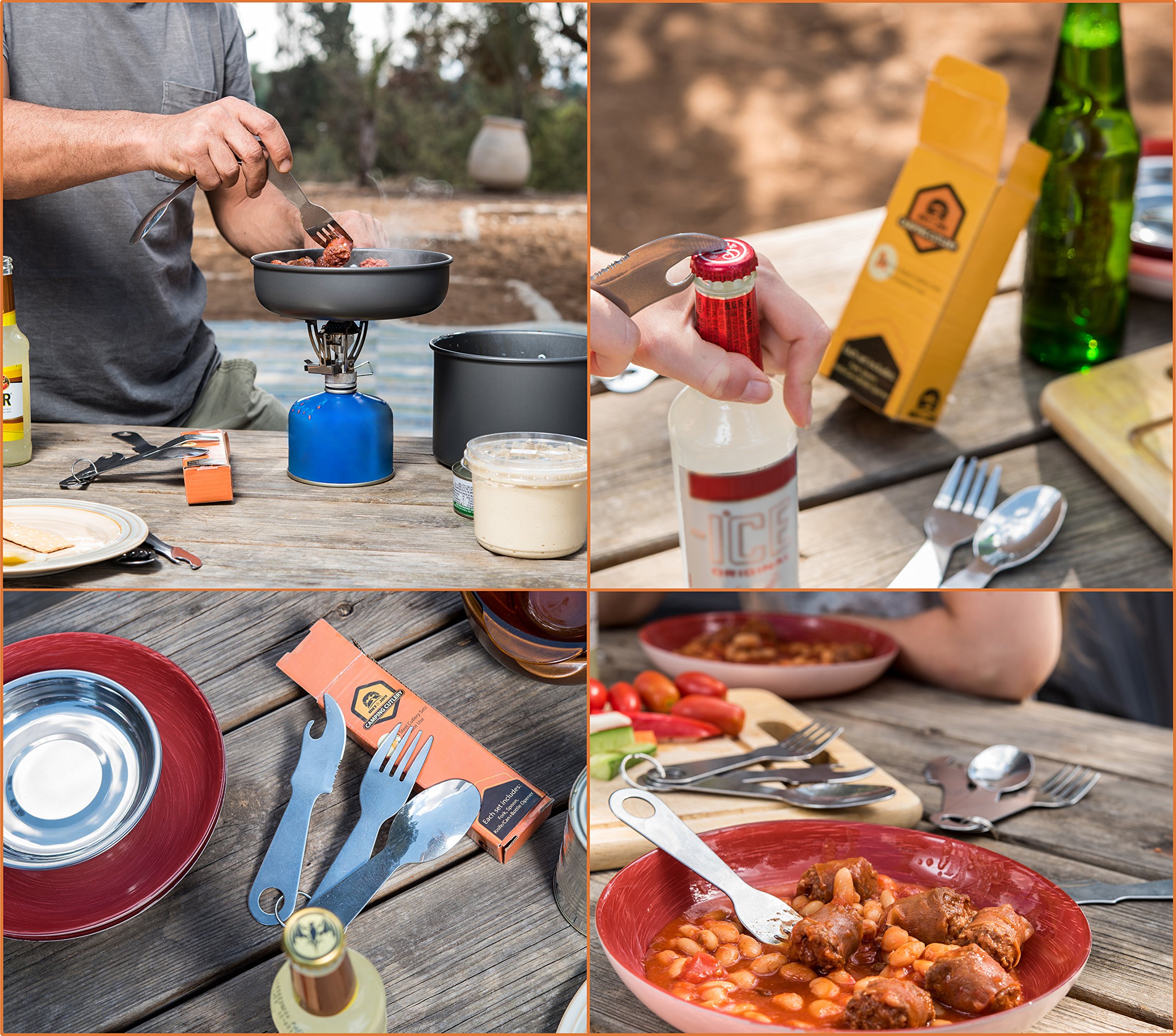 Out&Joy Lightweight Stainless Steel Camping Cutlery Set – Compact, Multi-Purpose, Eco-Friendly Silverware Set Includes Fork, Spoon, Knife + Can and Bottle Opener (4 Person Setting)