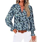 MASCOMODA Womens V Neck Floral Long Sleeve Tops 2026 Summer Casual Loose Puff Sleeve Chiffon Boho Work Blouse Dressy T Shirts