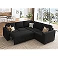 HONBAY Sectional Sleeper Sofa with Pull Out Bed, Velvet L Shaped Couch with Storage Seat, Modular Sectional Couches for Living Room, Black