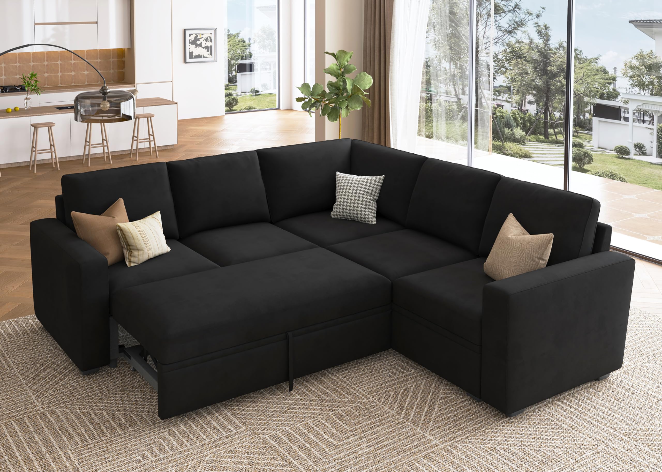 Photo 1 of **FOR PARTS ONLY**
HONBAY Sectional Sleeper Sofa with Pull Out Bed, Velvet L Shaped Couch with Storage Seat, Modular Sectional Couches for Living Room, Black