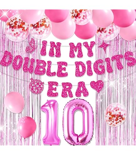Iridescent 10th Birthday Party Decorations - Double Digits Era Backdrop & Balloons | Purple & Pink Theme
