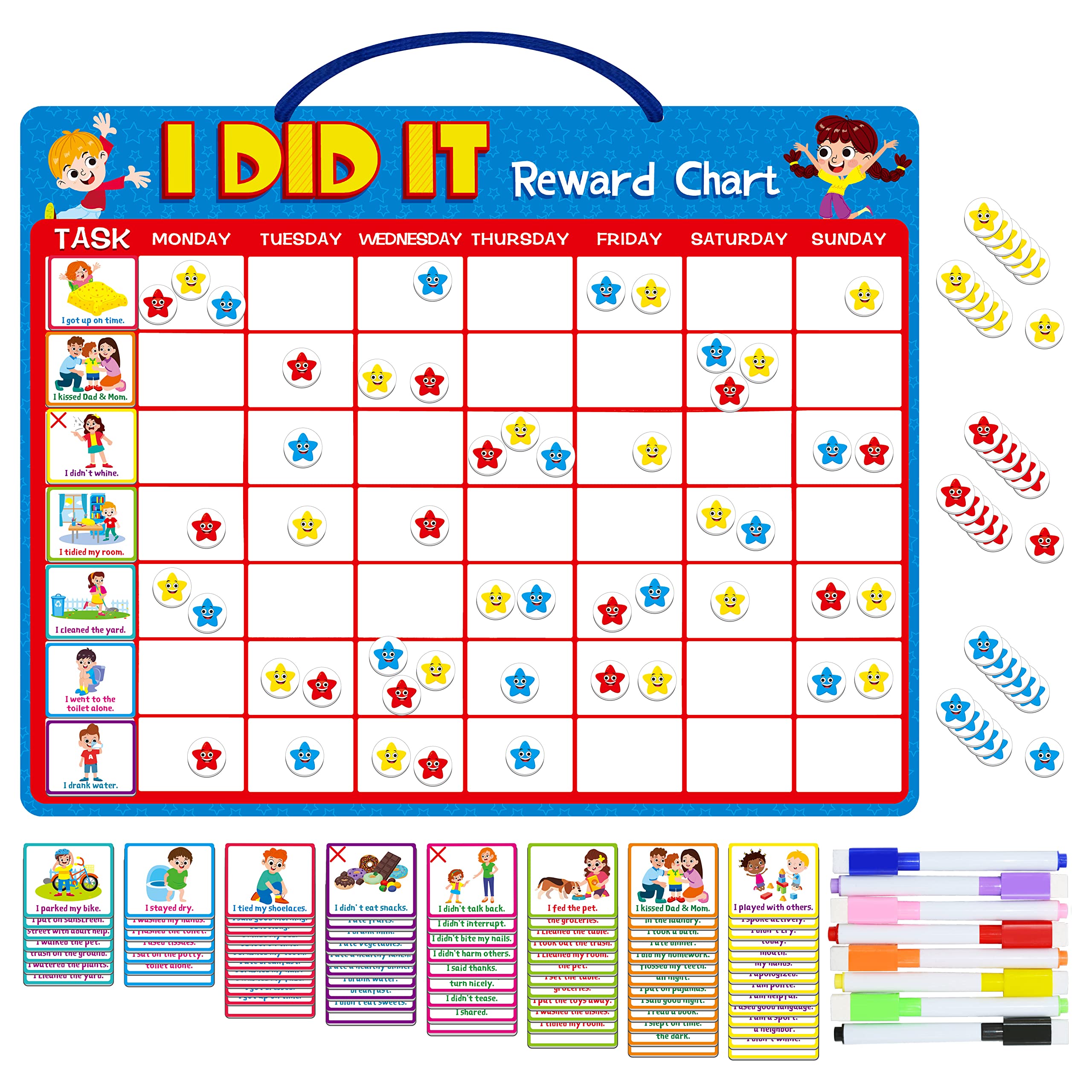 Magnetic Reward Chart, Dry Erase Kids Behavior Responsibility Task Board-84 Chores (including 7 Blanks), 272 Magnetic Stars, 8 Markers & 3 Name Cards-Good Behavior Daily Routine to motivate kids — image 1