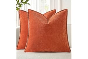 decorUhome Fall Chenille Soft Throw Pillow Covers 18x18 Set of 2, Farmhouse Velvet Neutral Decorative Euro Pillow Covers with Stitched Edge for Couch Sofa Bed Home Decor, Rust