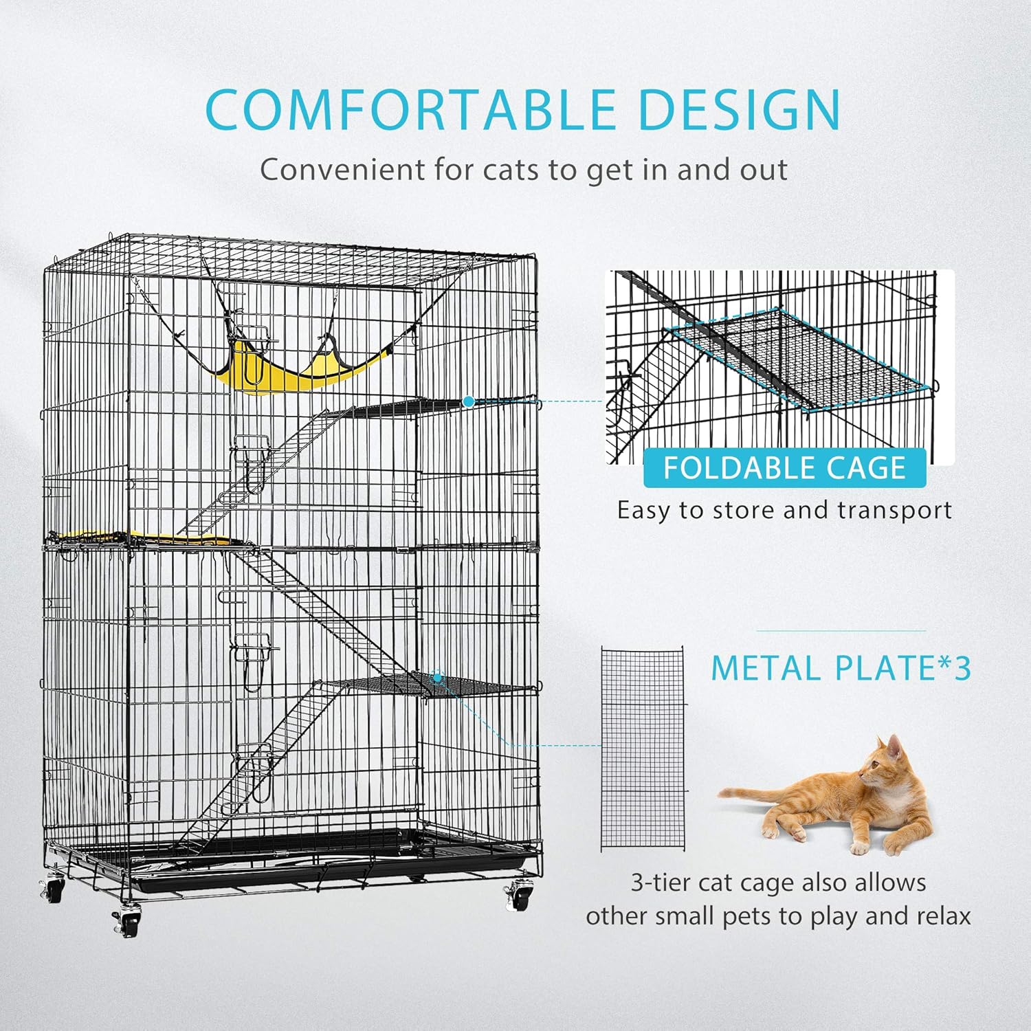 VIVOHOME 4-Tier 49 Inch Collapsible Metal Cat Kitten Ferret Cage 360° Rotating Casters Enclosure Pet Playpen with Ramp Ladders Hammock and Bed: Kitchen & Dining