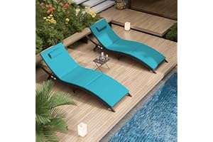 Delnavik Patio Chaise Lounge Set 3 Pieces Outdoor Lounge Chair Outdoor Wicker Lounge Chairs with Table Folding Chaise Lounger for Poolside Backyard Porch, Blue