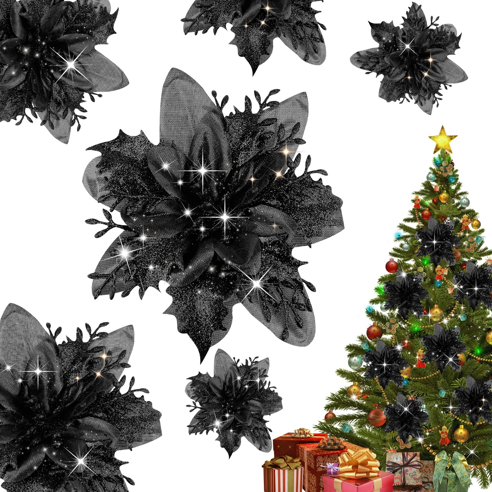 Fantasyon 20pcs Glitter Christmas Flowers with Artificial Poinsettia, Christmas Tree Flower Decorations Xmas Tree Ornaments Wedding Decorations (Black, 15CM)