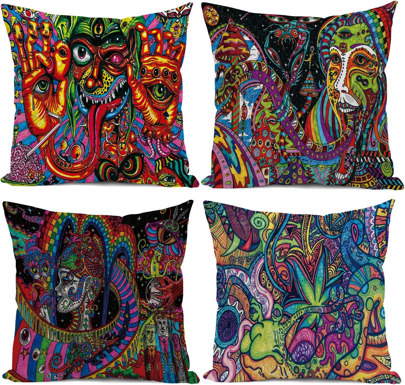 Maccyafst 4 Packs Throw Pillow Covers Psychedelic Decorative Pillow Case Abstract Colorful Pillow Cover Sofa Square Cushion Case Cover for Bed Car 18×18 Inch