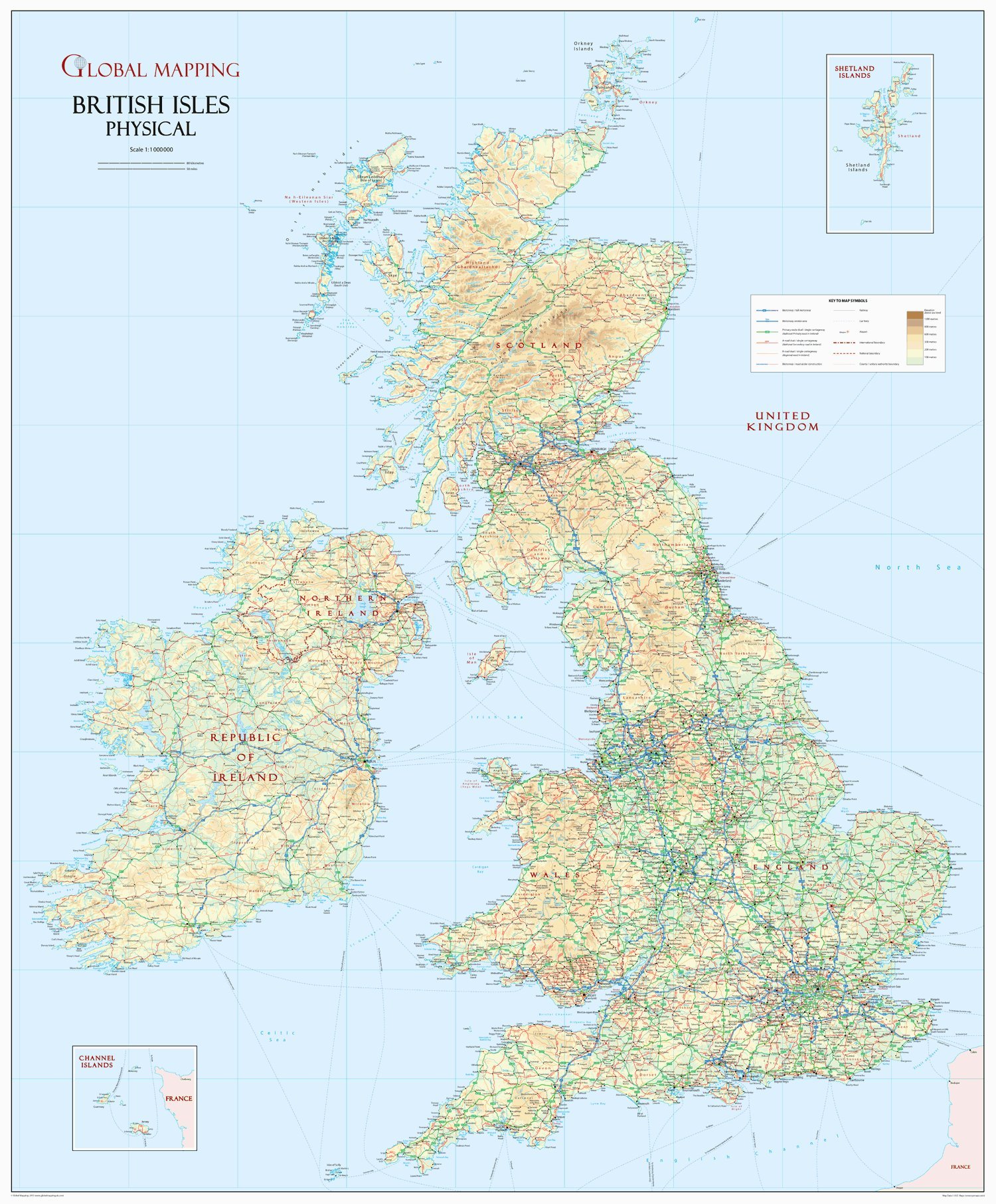 Detailed Map Of British Isles British Isles Physical Wall Map - 36.5" X 44" Paper: Global Mapping:  9781905755196: Amazon.com: Books